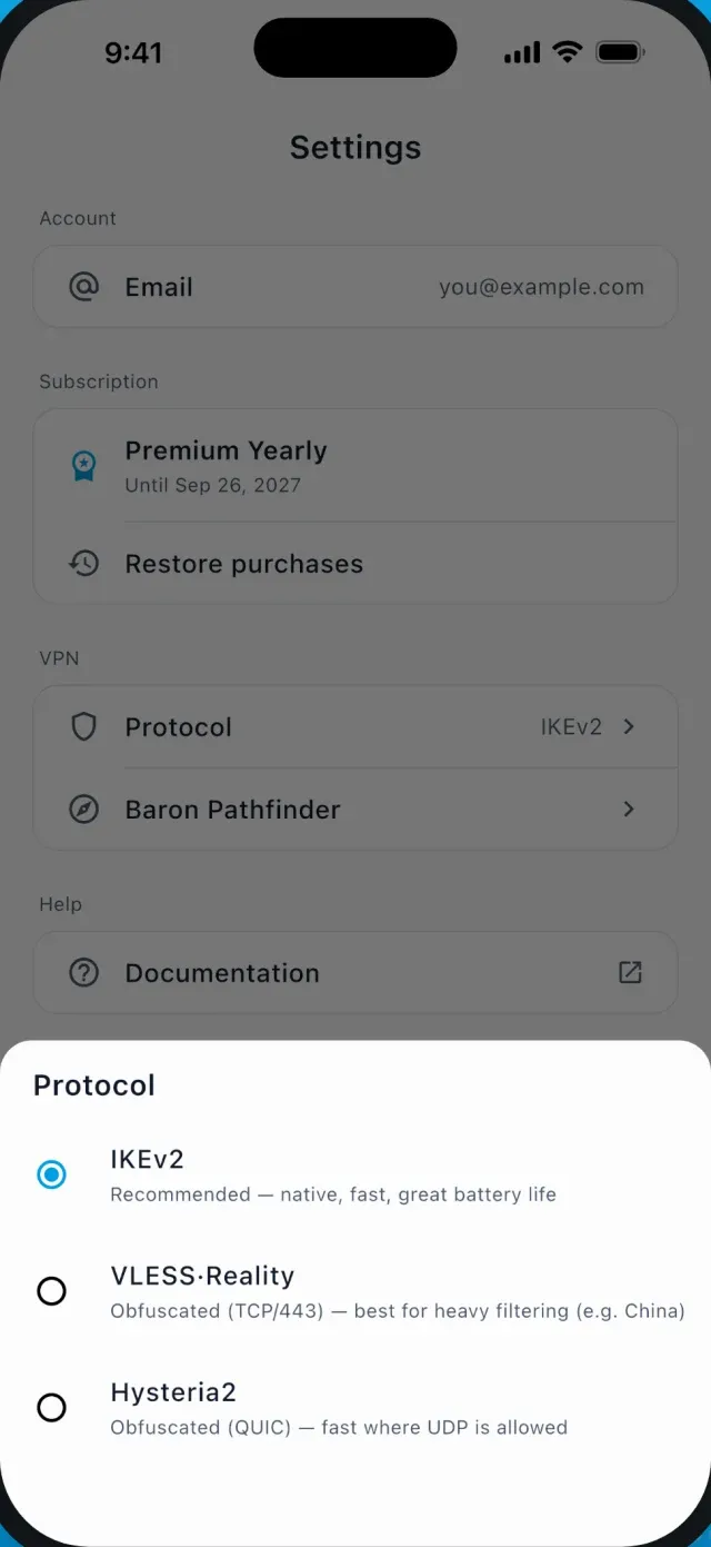 Protocol choice in the VPNBaron iPhone app: IKEv2 (recommended, native), VLESS Reality (obfuscated, best for heavy filtering) and Hysteria2 (obfuscated QUIC, fast where UDP is allowed)