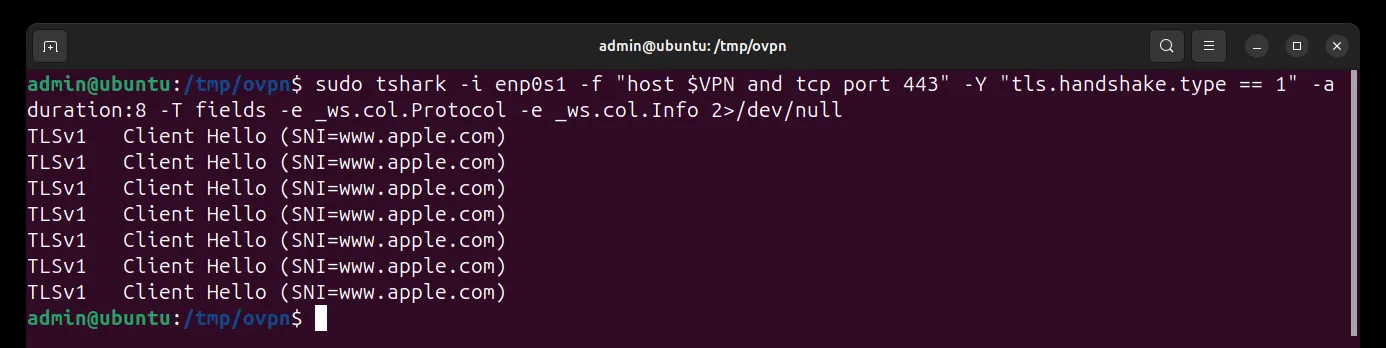 tshark output in a terminal: a VLESS Reality connection to a VPNBaron server appears only as TLS Client Hello packets with SNI www.apple.com