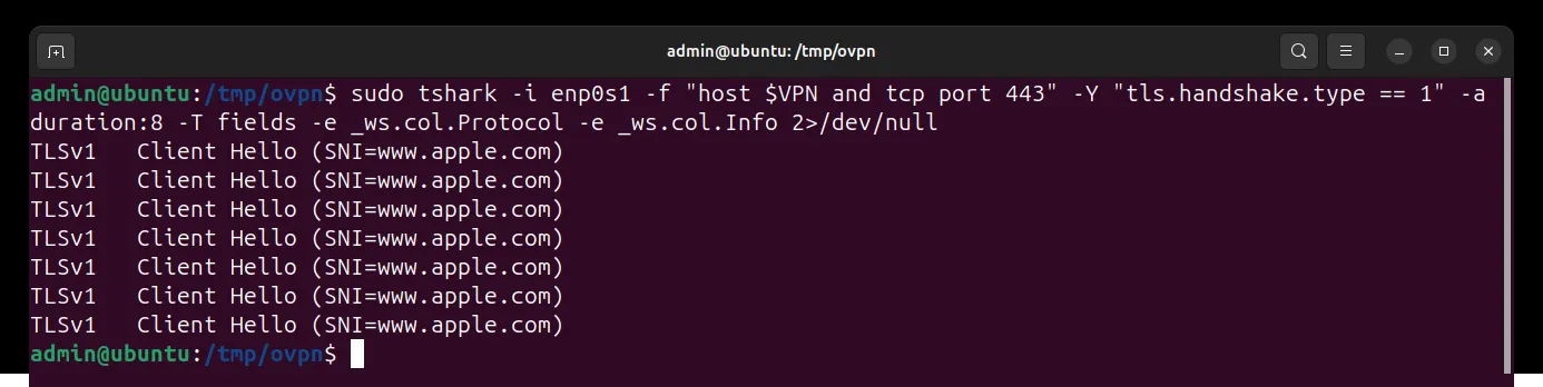 tshark output in a terminal: a VLESS Reality connection to a VPNBaron server appears only as TLS Client Hello packets with SNI www.apple.com