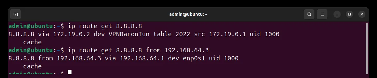 Terminal: ip route get 8.8.8.8 goes through the VPNBaronTun interface, while ip route get 8.8.8.8 from the server's own address goes through the normal network interface