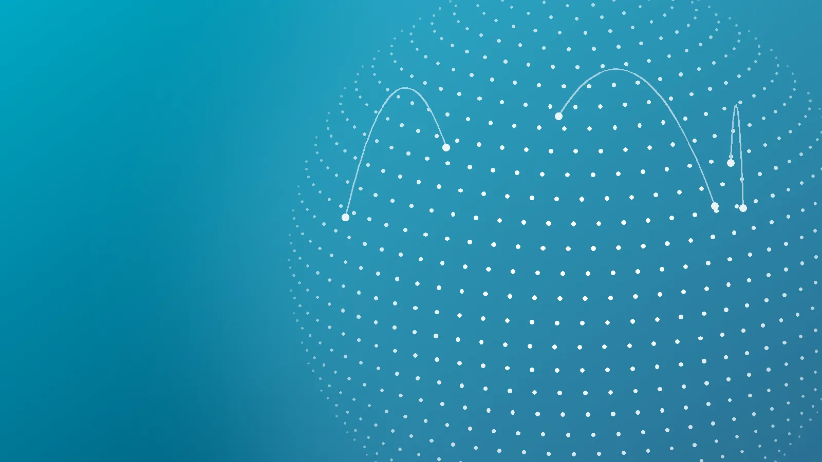 A dotted globe in teal and blue, with connections arcing between points on it