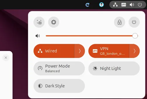 Ubuntu's top-right menu with the VPN tile switched on