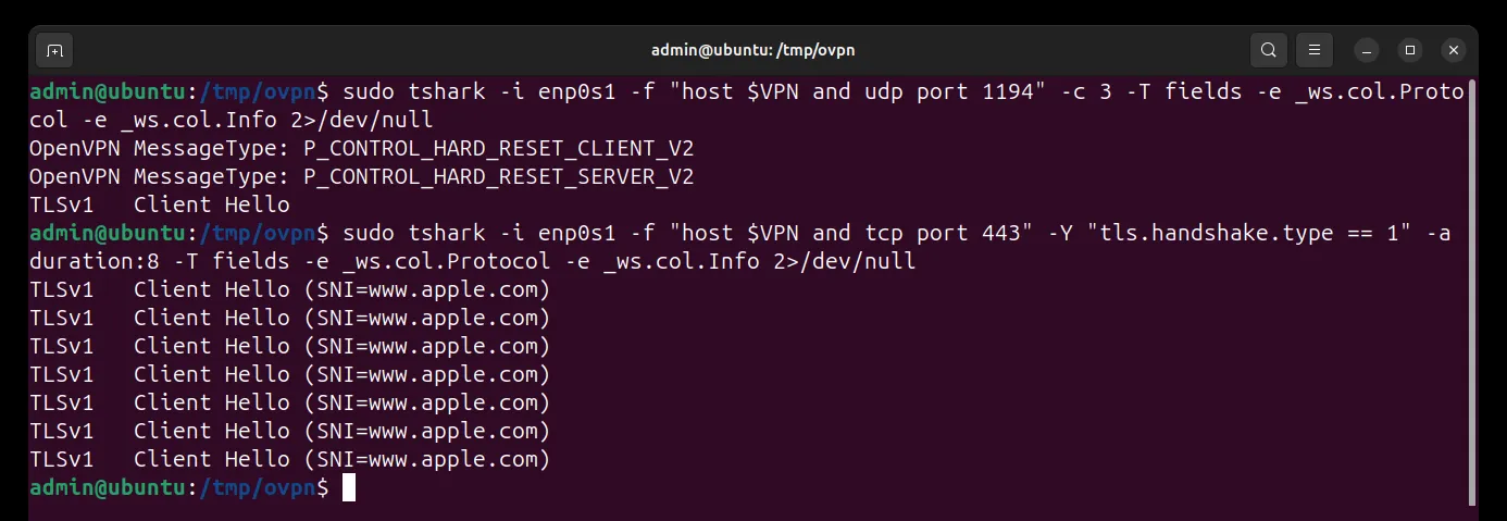 tshark output in a terminal: OpenVPN packets are labelled OpenVPN with message types P_CONTROL_HARD_RESET_CLIENT_V2 and SERVER_V2, while the VLESS Reality connection shows only TLS Client Hello packets with SNI www.apple.com