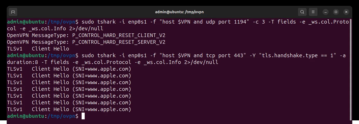 tshark output in a terminal: OpenVPN packets are labelled OpenVPN with message types P_CONTROL_HARD_RESET_CLIENT_V2 and SERVER_V2, while the VLESS Reality connection shows only TLS Client Hello packets with SNI www.apple.com