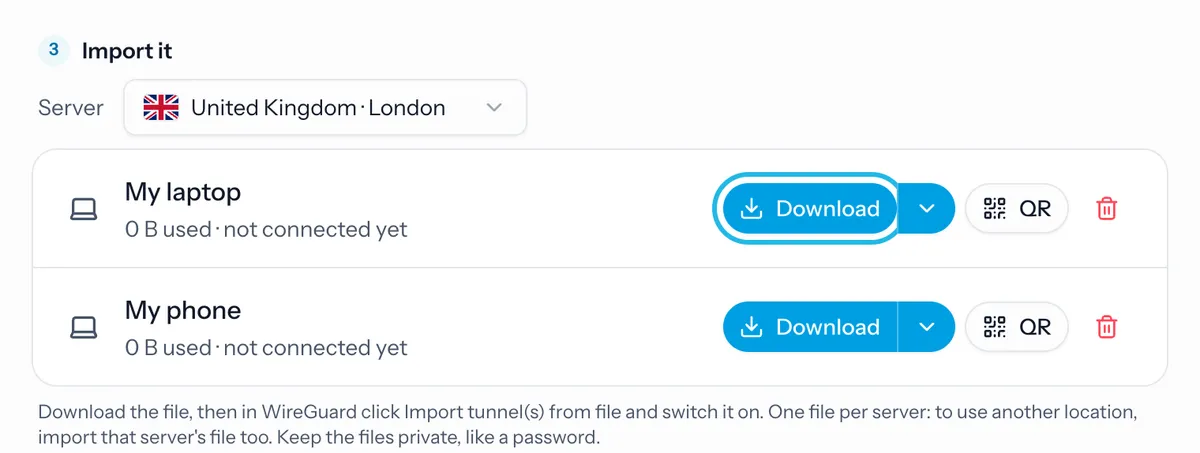 The WireGuard page on vpnbaron.com: London chosen as the server, and two devices, My laptop and My phone, each with Download and QR buttons